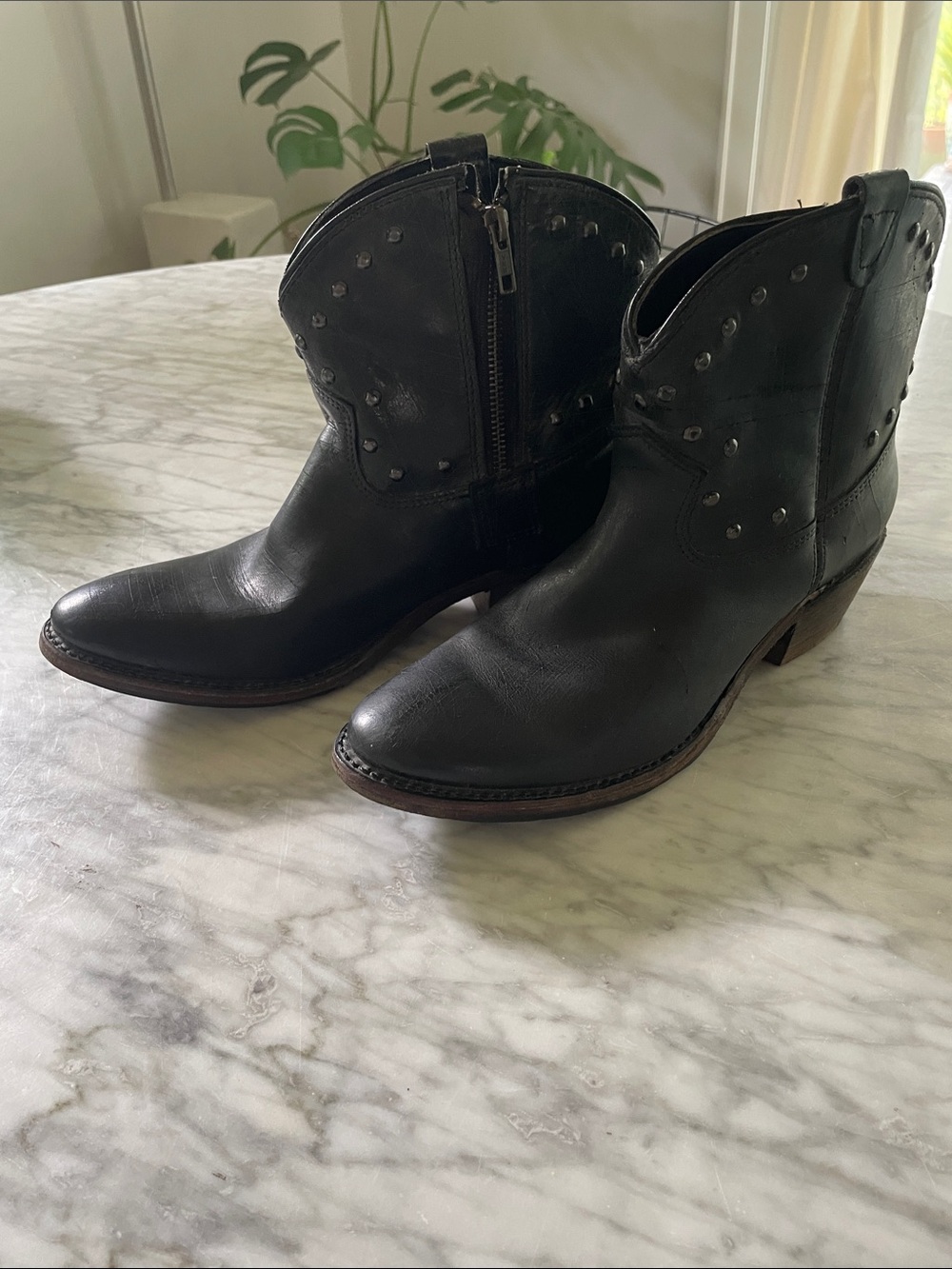 Vintage brand Black Studded Western Booties with Side Zipper